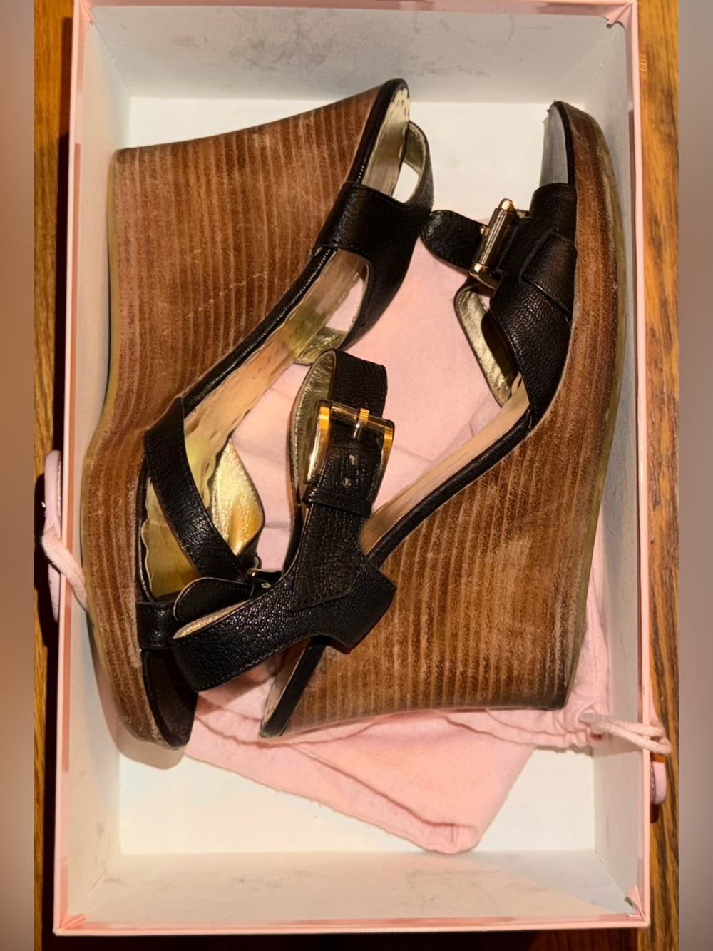 Juicy Couture Bailey Black Leather Wedge Sandals with Gold Buckles